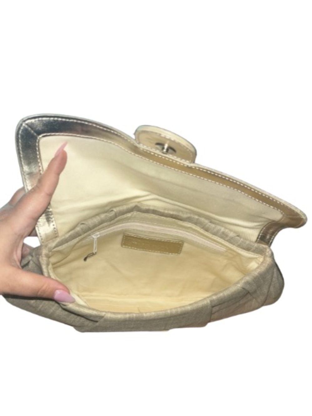 White House Black Market Silver and Tan Linen Braided Buckle Evening Clutch - Picture 10 of 13
